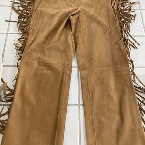 Designer suede pants with fringe